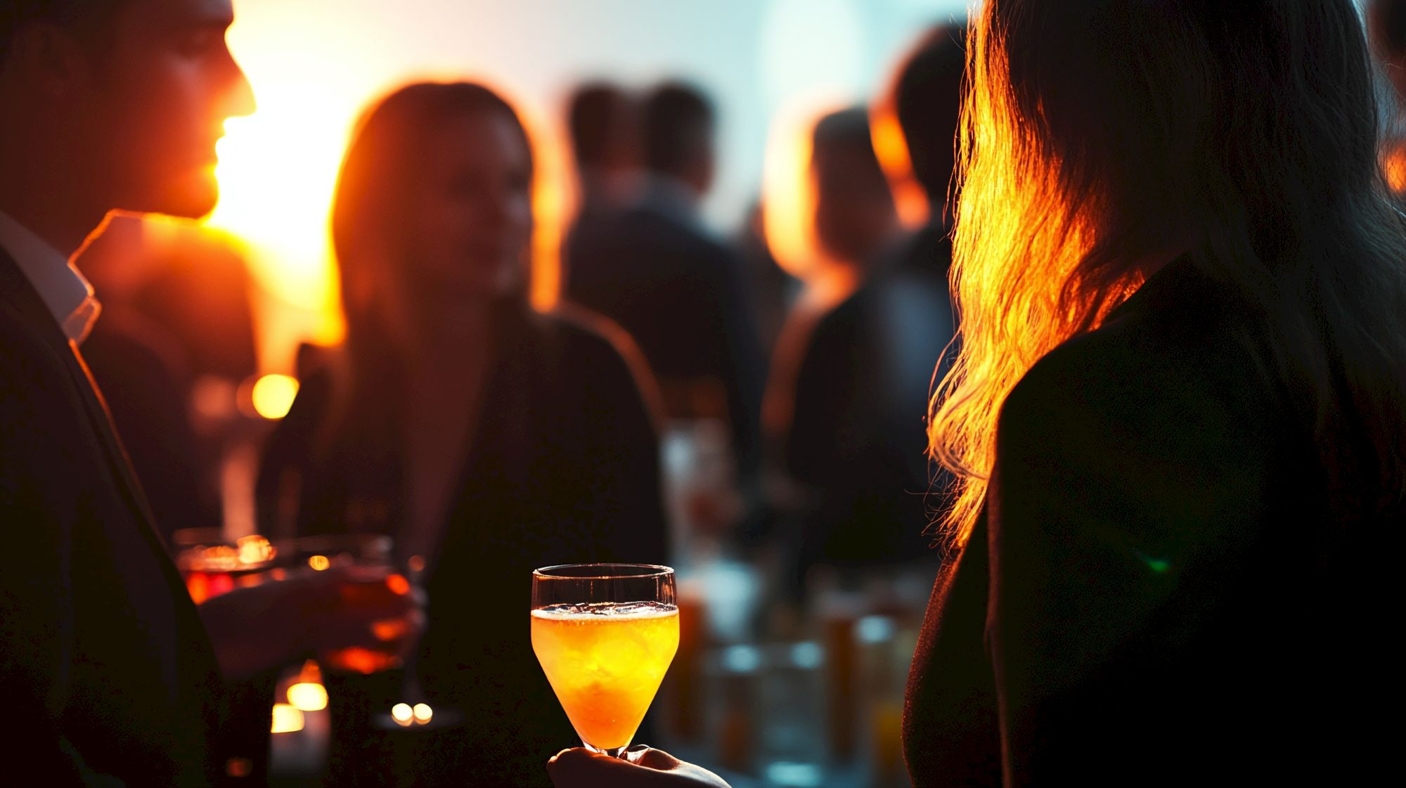 People socializing at a dimly lit party or bar, with drinks in hand and a warm golden glow in the background.