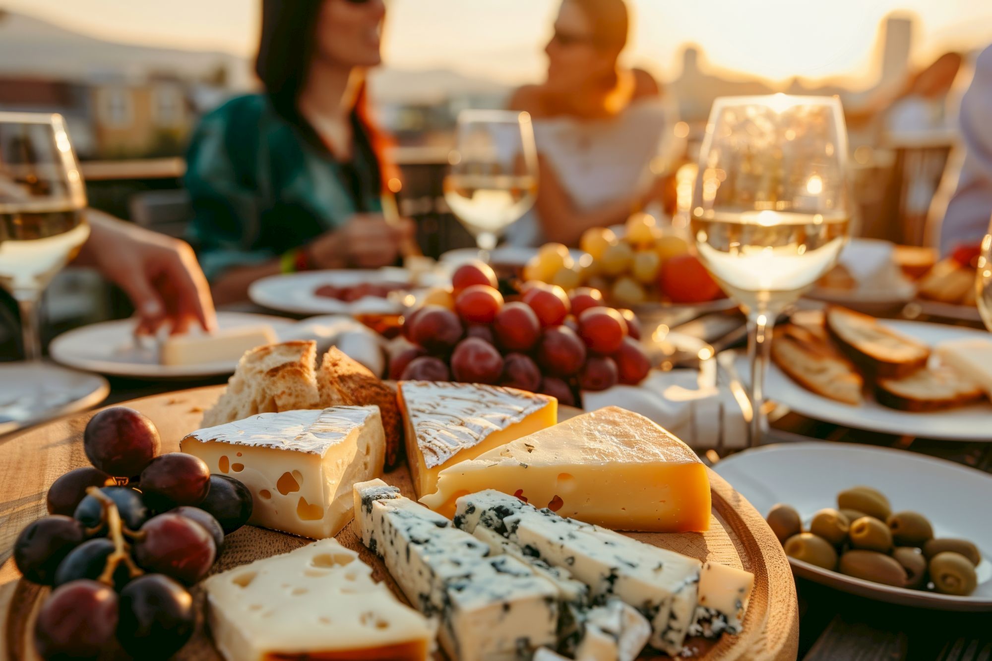 A cozy outdoor cheese board with various cheeses, grapes, olives, bread, and white wine glasses at sunset, with friends in the background.