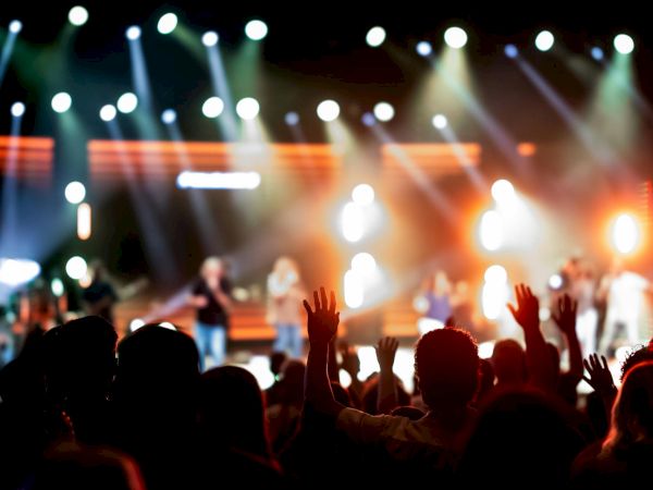 The image shows a concert or performance with a crowd raising their hands, colorful lights, and blurred performers on stage.