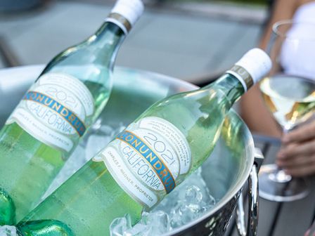 Two bottles of white wine in an ice bucket, surrounded by glasses held by people sitting at a table outdoors.