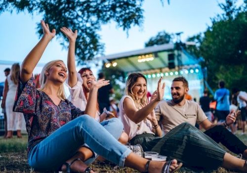 A group of people is sitting on the grass, enjoying an outdoor event with a stage in the background and vibrant expressions.