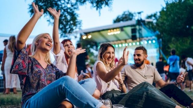 A group of people is sitting on the grass, enjoying an outdoor event with a stage in the background and vibrant expressions.