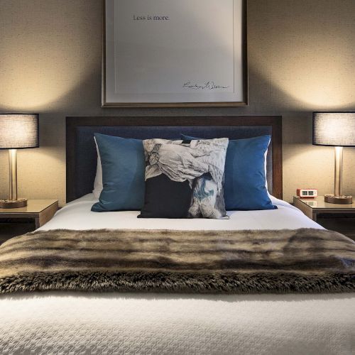 A neatly made bed with blue and patterned pillows, a fur throw, two lamps, and a framed picture above the headboard.